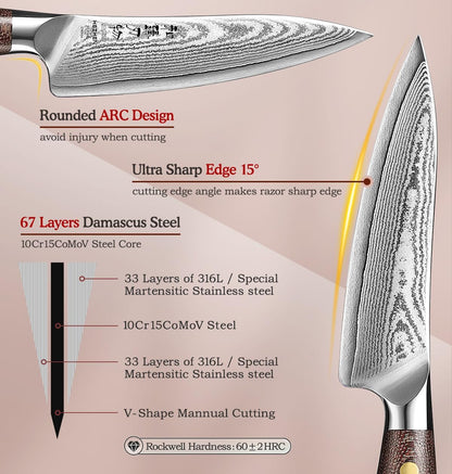 7.3'' Santoku Knife with Sheath – 67 Layers Damascus Steel, Professional Kitchen Knife for Meat, Fish & Vegetables, Micarta Handle