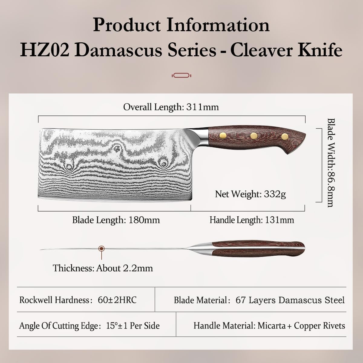 7.3'' Santoku Knife with Sheath – 67 Layers Damascus Steel, Professional Kitchen Knife for Meat, Fish & Vegetables, Micarta Handle