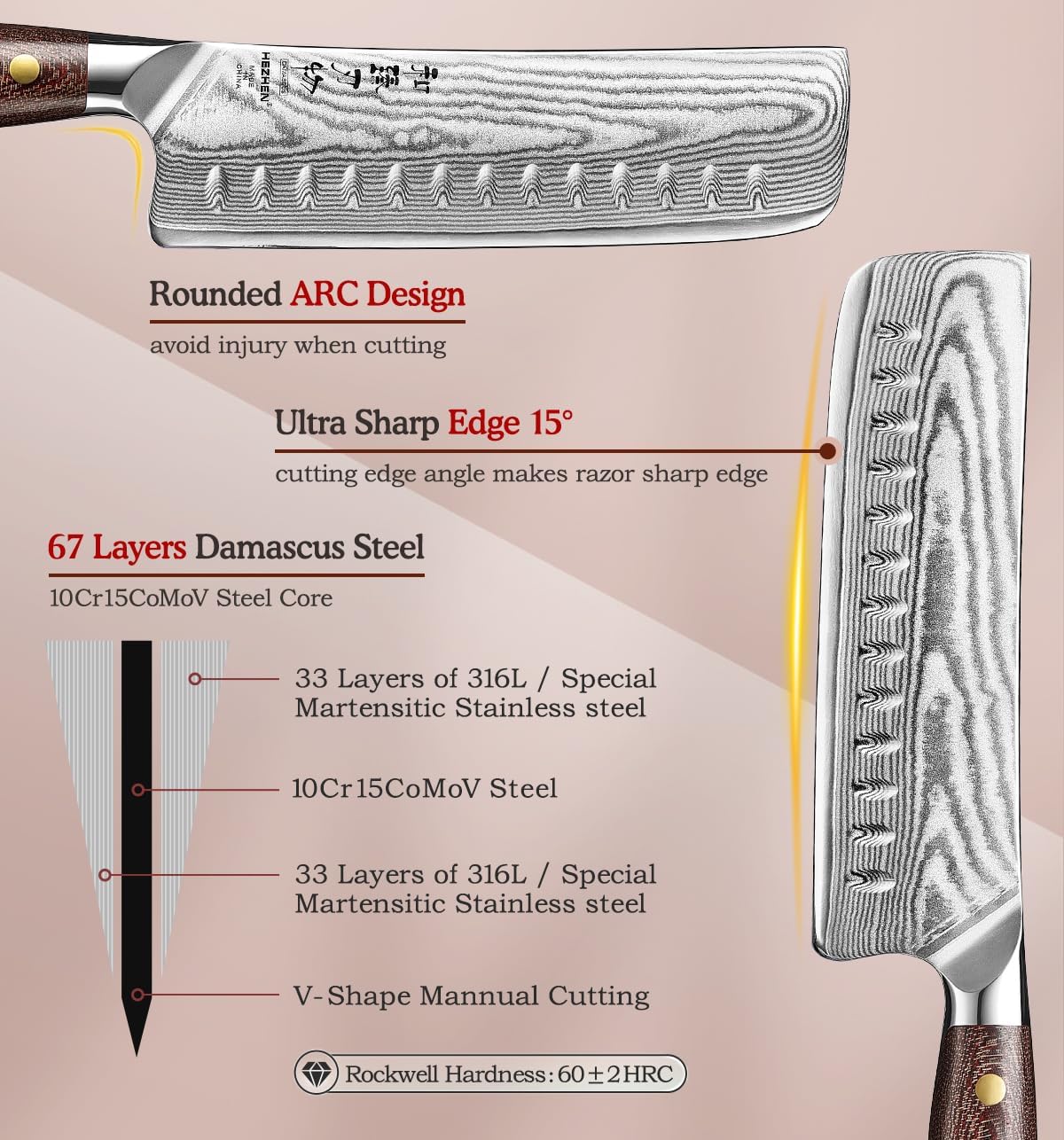 7.3'' Santoku Knife with Sheath – 67 Layers Damascus Steel, Professional Kitchen Knife for Meat, Fish & Vegetables, Micarta Handle