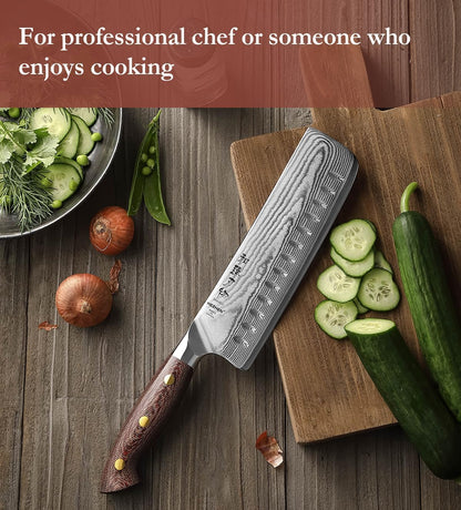 7.3'' Santoku Knife with Sheath – 67 Layers Damascus Steel, Professional Kitchen Knife for Meat, Fish & Vegetables, Micarta Handle