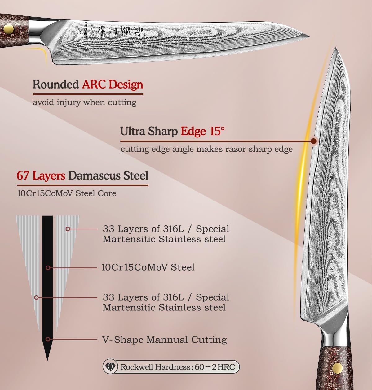 7.3'' Santoku Knife with Sheath – 67 Layers Damascus Steel, Professional Kitchen Knife for Meat, Fish & Vegetables, Micarta Handle