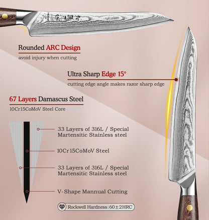 7.3'' Santoku Knife with Sheath – 67 Layers Damascus Steel, Professional Kitchen Knife for Meat, Fish & Vegetables, Micarta Handle