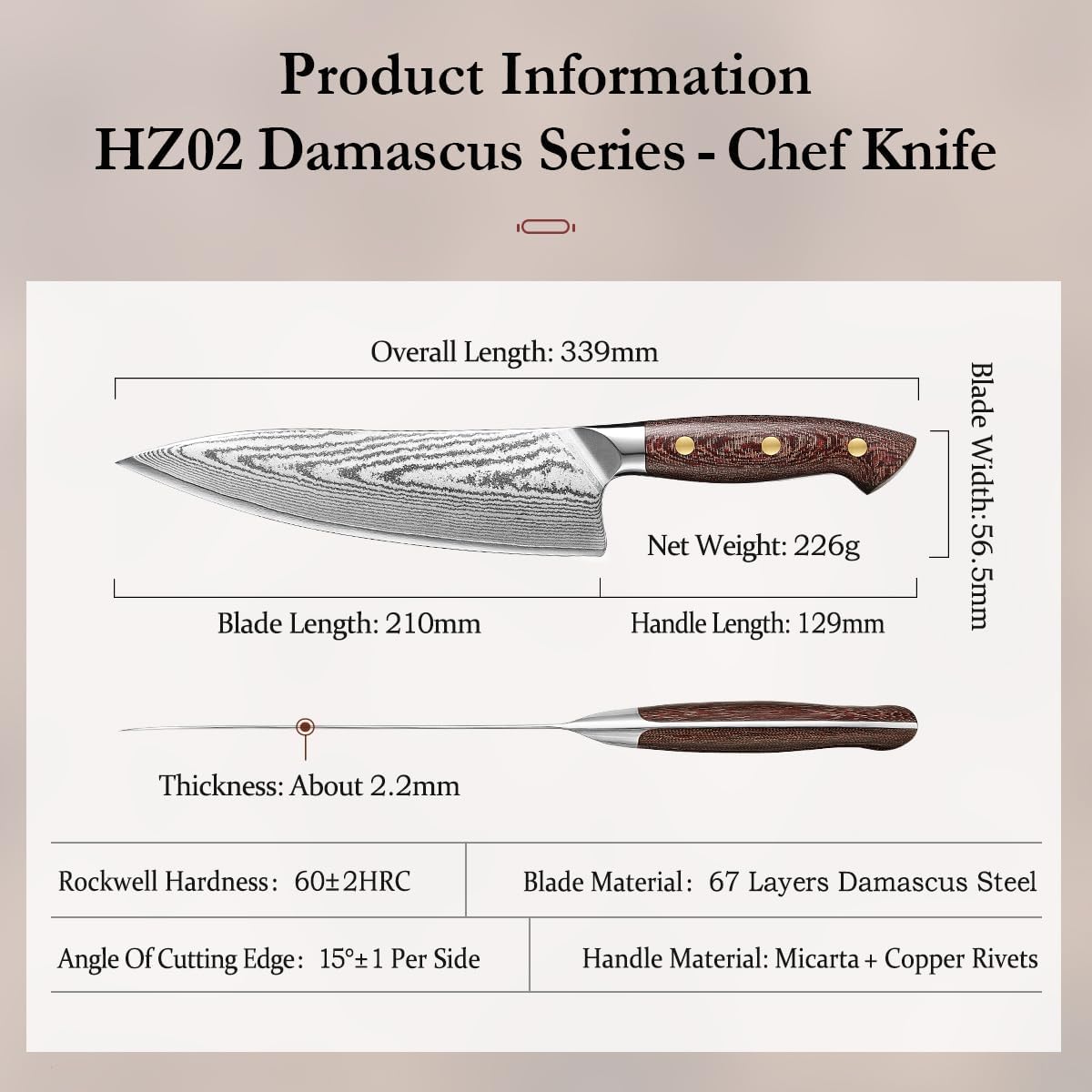 7.3'' Santoku Knife with Sheath – 67 Layers Damascus Steel, Professional Kitchen Knife for Meat, Fish & Vegetables, Micarta Handle