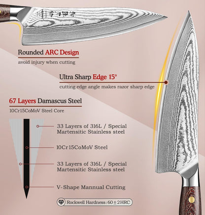 7.3'' Santoku Knife with Sheath – 67 Layers Damascus Steel, Professional Kitchen Knife for Meat, Fish & Vegetables, Micarta Handle