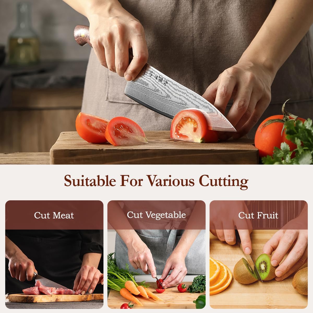 7.3'' Santoku Knife with Sheath – 67 Layers Damascus Steel, Professional Kitchen Knife for Meat, Fish & Vegetables, Micarta Handle