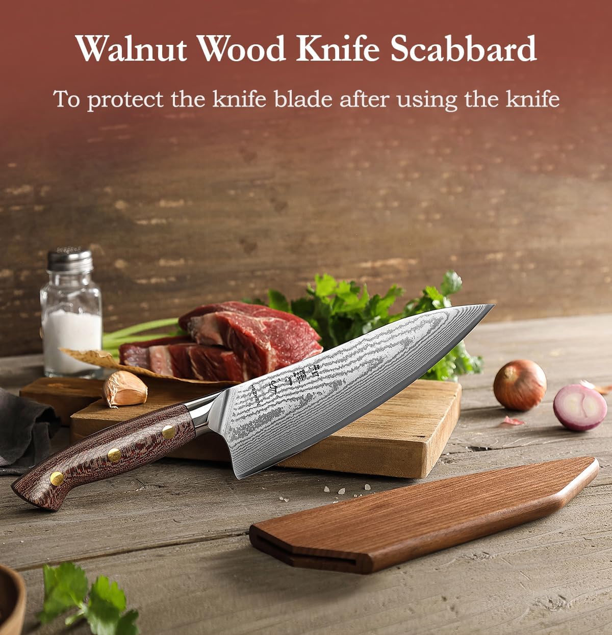 7.3'' Santoku Knife with Sheath – 67 Layers Damascus Steel, Professional Kitchen Knife for Meat, Fish & Vegetables, Micarta Handle