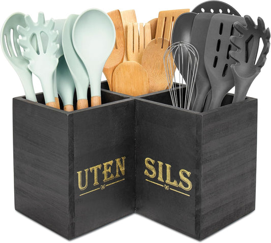 Kitchen Utensils Holder,Extra Large 3 Compartments Corner Utensil Caddy for Countertop,Wooden Farmhouse Utensil Organizer