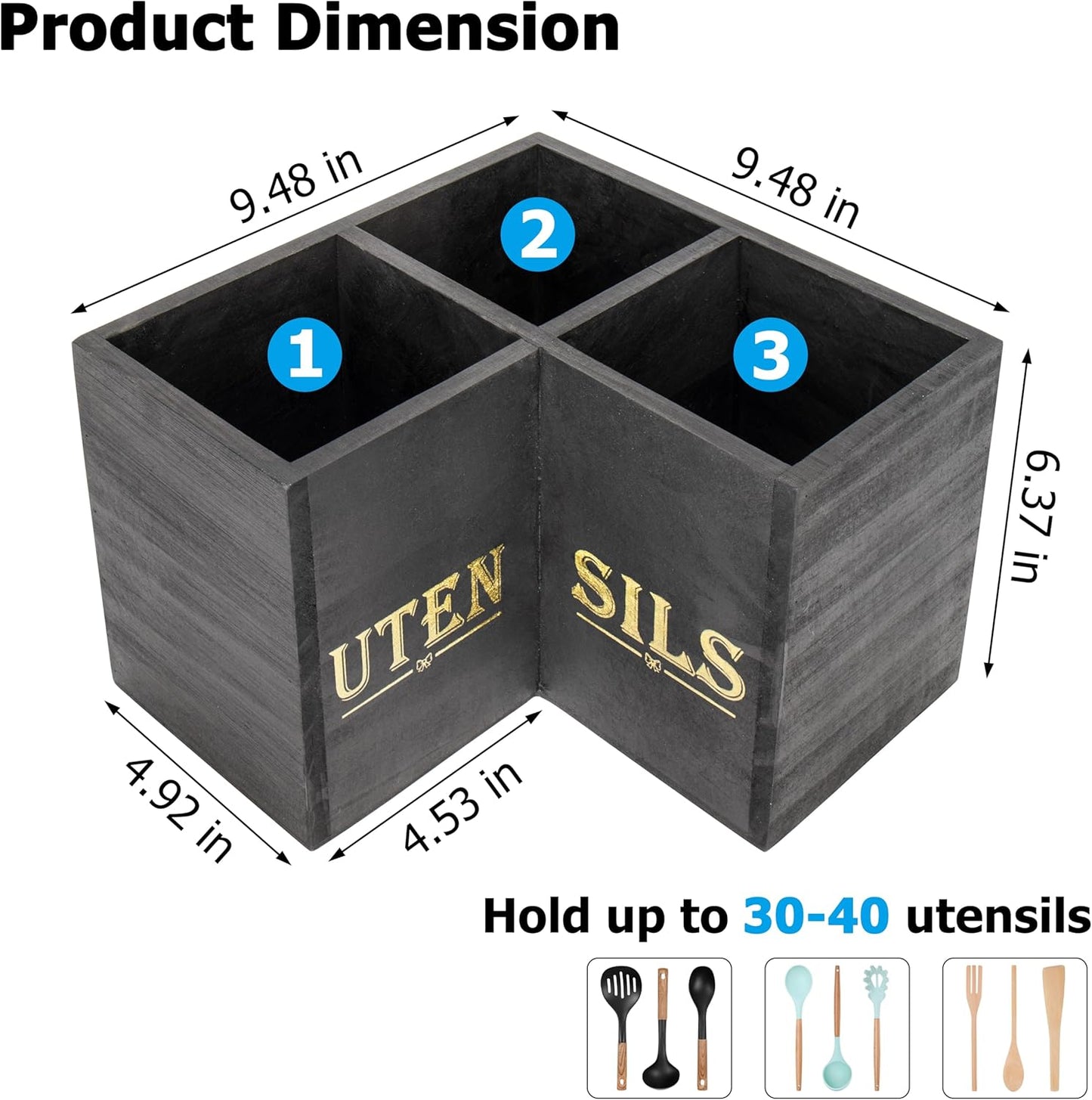 Kitchen Utensils Holder,Extra Large 3 Compartments Corner Utensil Caddy for Countertop,Wooden Farmhouse Utensil Organizer