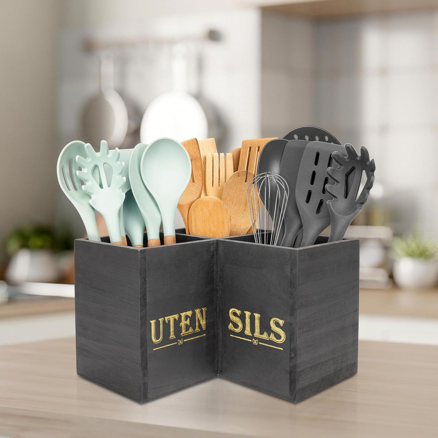 Kitchen Utensils Holder,Extra Large 3 Compartments Corner Utensil Caddy for Countertop,Wooden Farmhouse Utensil Organizer