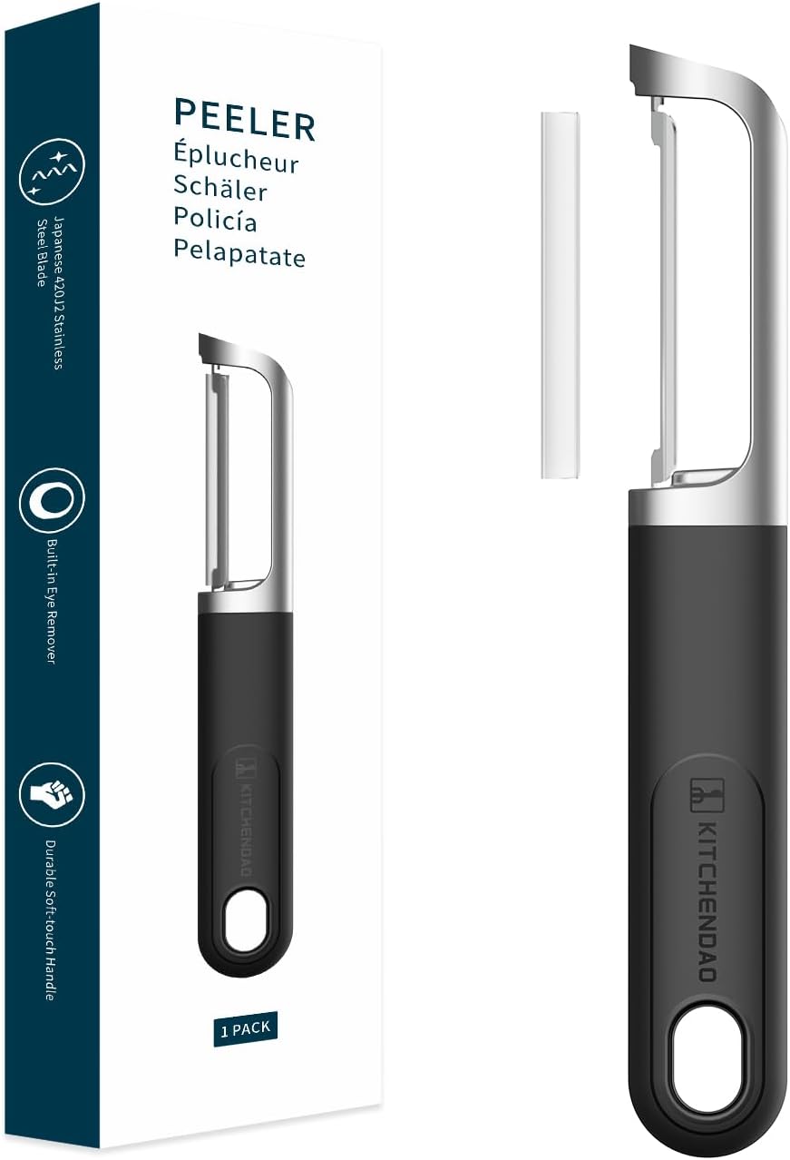 Swivel Vegetable Potato Peeler for Kitchen -Durable Japanese 420J2 Stainless Steel Sharp Dual Blade- Built-in Eye Remover, Ergonomic Soft-touch Handle - Dishwasher Safe-Black