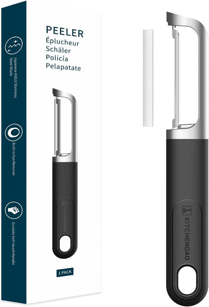 Swivel Vegetable Potato Peeler for Kitchen -Durable Japanese 420J2 Stainless Steel Sharp Dual Blade- Built-in Eye Remover, Ergonomic Soft-touch Handle - Dishwasher Safe-Black