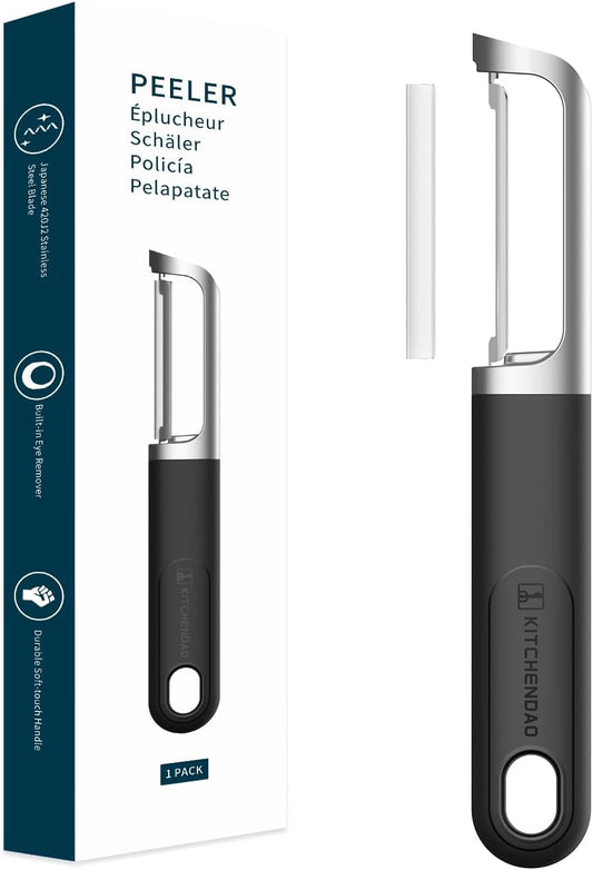 Swivel Vegetable Potato Peeler for Kitchen -Durable Japanese 420J2 Stainless Steel Sharp Dual Blade- Built-in Eye Remover, Ergonomic Soft-touch Handle - Dishwasher Safe-Black