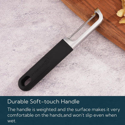 Swivel Vegetable Potato Peeler for Kitchen -Durable Japanese 420J2 Stainless Steel Sharp Dual Blade- Built-in Eye Remover, Ergonomic Soft-touch Handle - Dishwasher Safe-Black