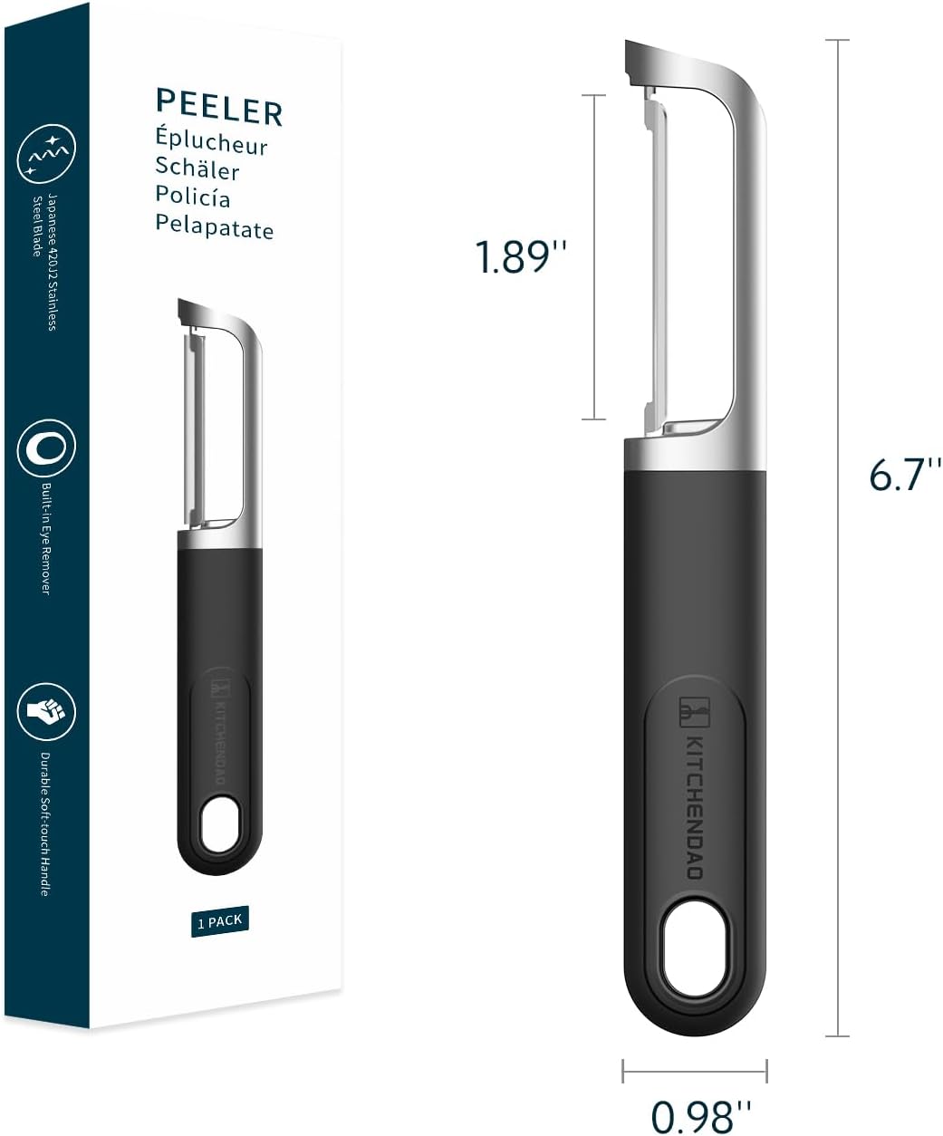 Swivel Vegetable Potato Peeler for Kitchen -Durable Japanese 420J2 Stainless Steel Sharp Dual Blade- Built-in Eye Remover, Ergonomic Soft-touch Handle - Dishwasher Safe-Black