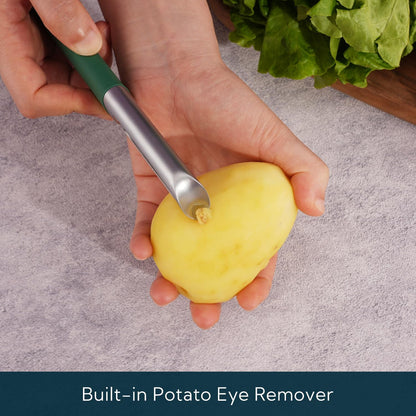Swivel Vegetable Potato Peeler for Kitchen -Durable Japanese 420J2 Stainless Steel Sharp Dual Blade- Built-in Eye Remover, Ergonomic Soft-touch Handle - Dishwasher Safe-Black