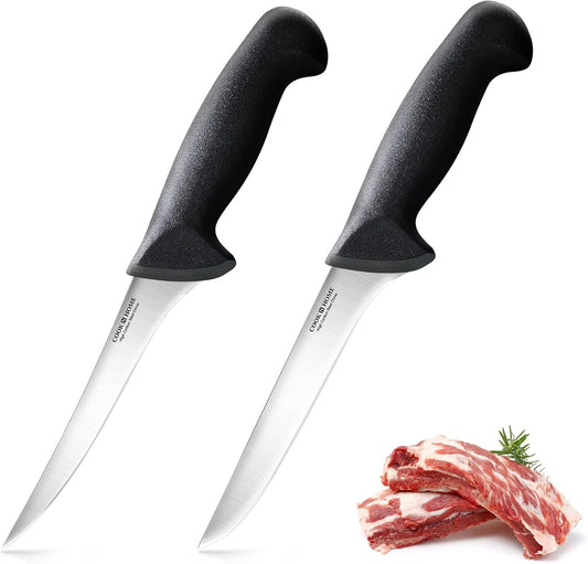 Professional Boning Knife Set, High Carbon Stainless Steel Flexible Curved and Straight Stiff Boning Kitchen Knives, Ergonomic Handle, 2-Piece, Black