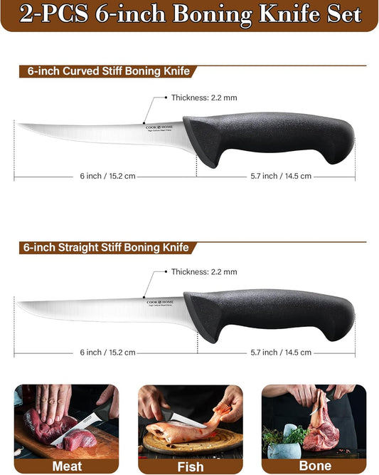 Professional Boning Knife Set, High Carbon Stainless Steel Flexible Curved and Straight Stiff Boning Kitchen Knives, Ergonomic Handle, 2-Piece, Black