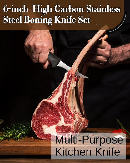 Professional Boning Knife Set, High Carbon Stainless Steel Flexible Curved and Straight Stiff Boning Kitchen Knives, Ergonomic Handle, 2-Piece, Black