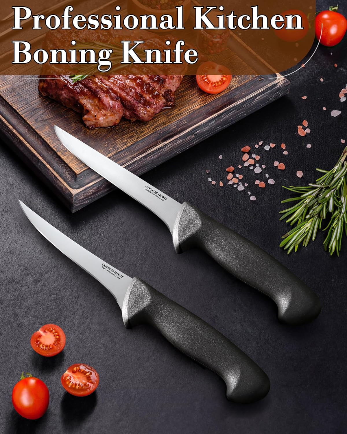 Professional Boning Knife Set, High Carbon Stainless Steel Flexible Curved and Straight Stiff Boning Kitchen Knives, Ergonomic Handle, 2-Piece, Black