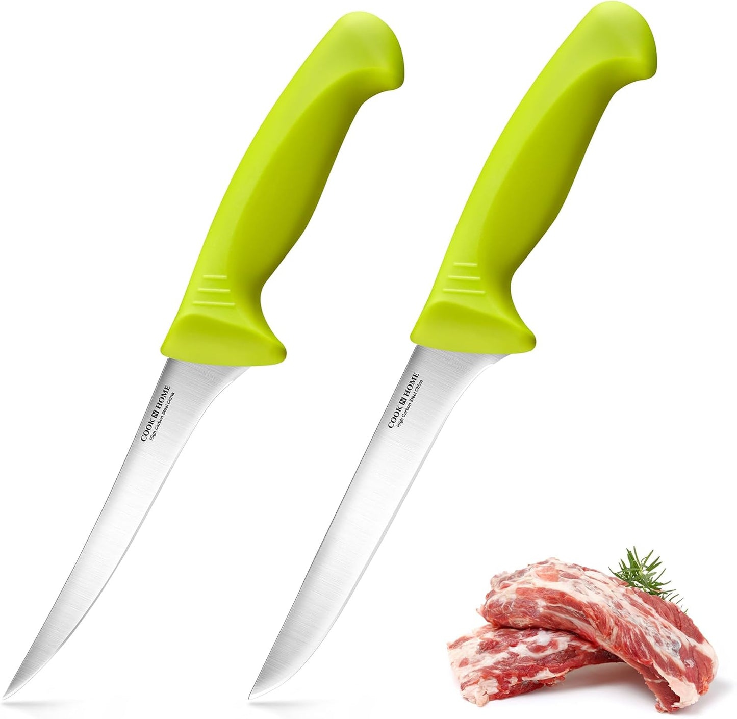 Professional Boning Knife Set, High Carbon Stainless Steel Flexible Curved and Straight Stiff Boning Kitchen Knives, Ergonomic Handle, 2-Piece, Black
