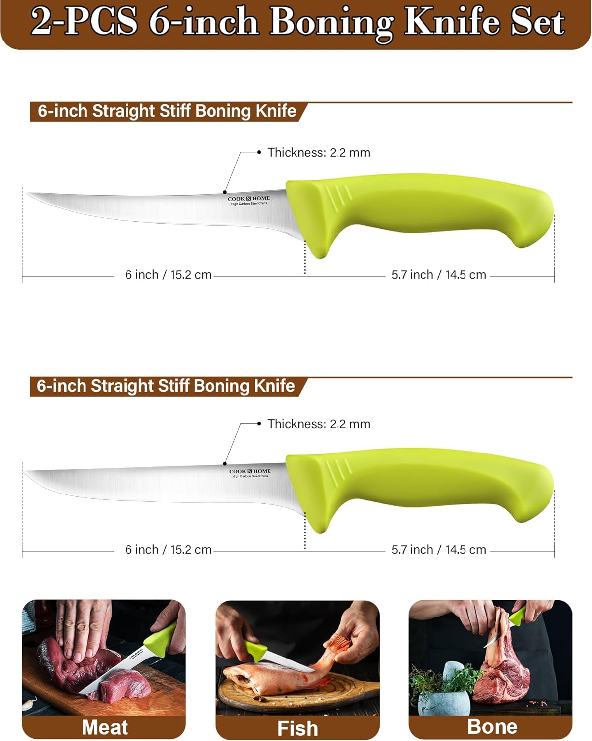 Professional Boning Knife Set, High Carbon Stainless Steel Flexible Curved and Straight Stiff Boning Kitchen Knives, Ergonomic Handle, 2-Piece, Black