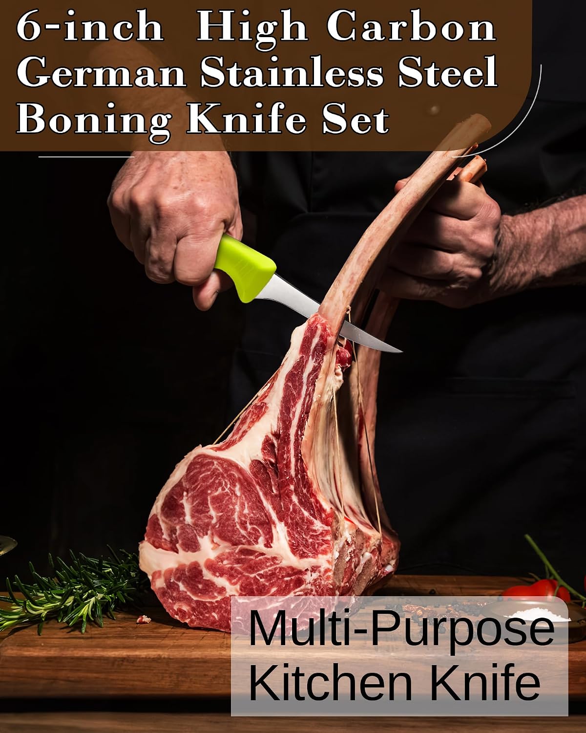 Professional Boning Knife Set, High Carbon Stainless Steel Flexible Curved and Straight Stiff Boning Kitchen Knives, Ergonomic Handle, 2-Piece, Black