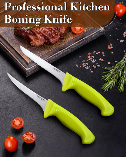 Professional Boning Knife Set, High Carbon Stainless Steel Flexible Curved and Straight Stiff Boning Kitchen Knives, Ergonomic Handle, 2-Piece, Black