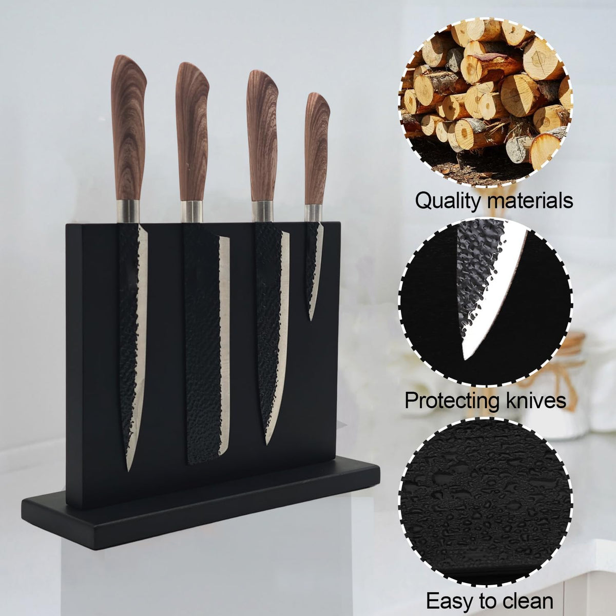 Magnetic Knife Holder - Black Double Sided Acacia Wood Knife Block with Strong Magnets 12x10" | Universal Space-Saving Kitchen Organizer for Knives, Utensils, Tools