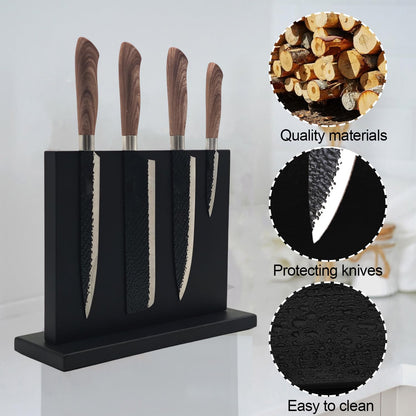 Magnetic Knife Holder - Black Double Sided Acacia Wood Knife Block with Strong Magnets 12x10" | Universal Space-Saving Kitchen Organizer for Knives, Utensils, Tools