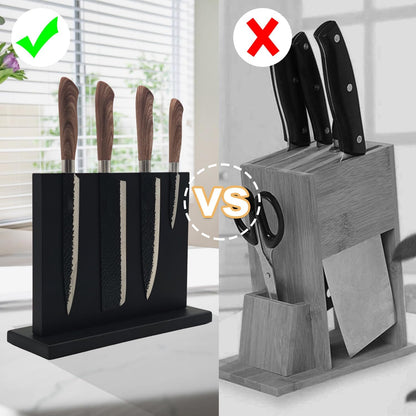 Magnetic Knife Holder - Black Double Sided Acacia Wood Knife Block with Strong Magnets 12x10" | Universal Space-Saving Kitchen Organizer for Knives, Utensils, Tools