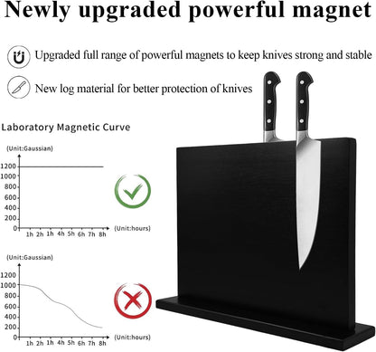 Magnetic Knife Holder - Black Double Sided Acacia Wood Knife Block with Strong Magnets 12x10" | Universal Space-Saving Kitchen Organizer for Knives, Utensils, Tools