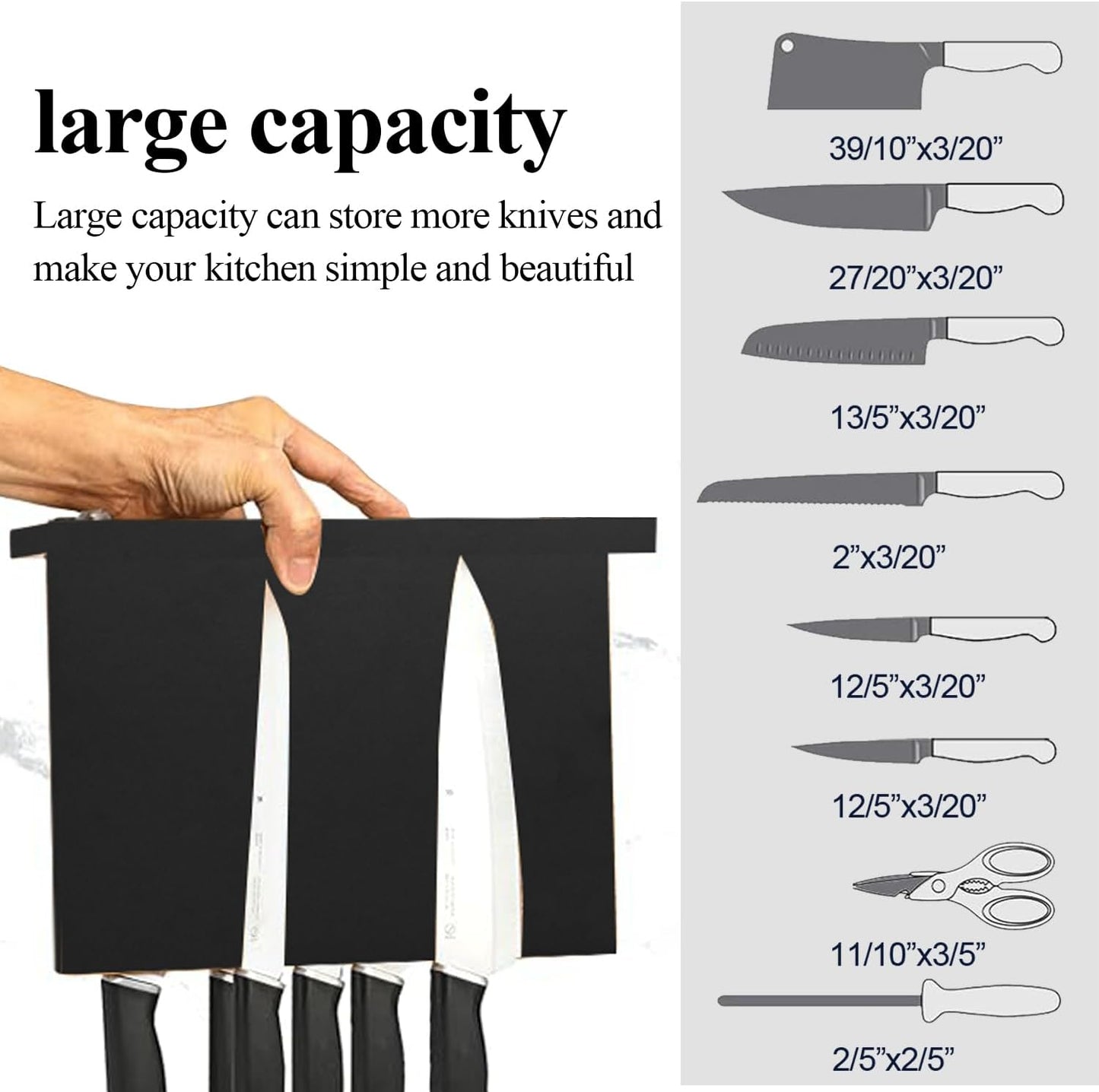 Magnetic Knife Holder - Black Double Sided Acacia Wood Knife Block with Strong Magnets 12x10" | Universal Space-Saving Kitchen Organizer for Knives, Utensils, Tools