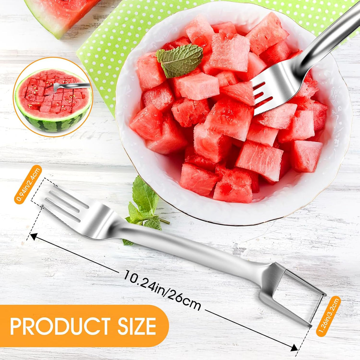 Watermelon Slicer, 2-in-1 Slicer & Fork, 1-Pack | 304 Stainless Steel, 10.2" Long, Cuts Cubes & Spears, for Watermelon & Mango, Picnic/Camping/RV, Dishwasher Safe