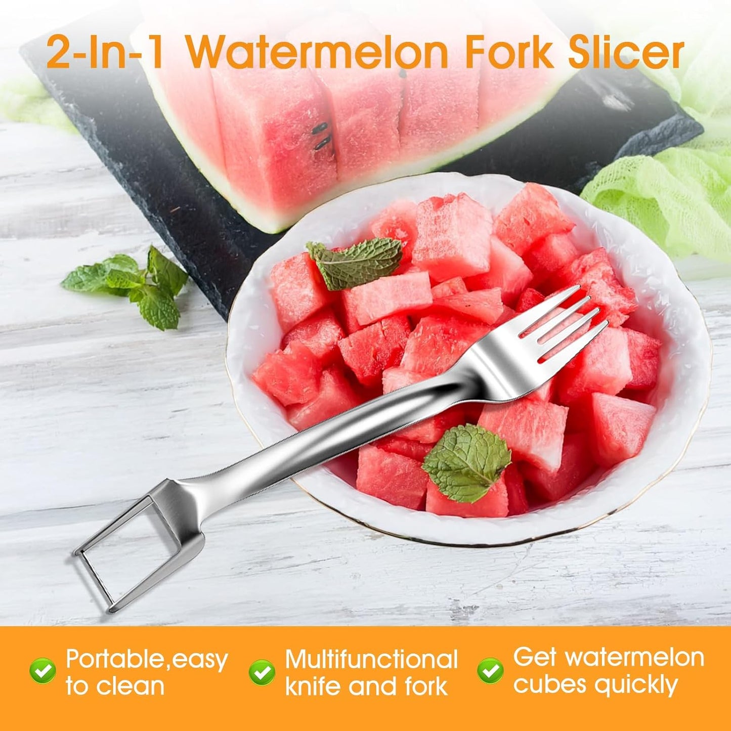 Watermelon Slicer, 2-in-1 Slicer & Fork, 1-Pack | 304 Stainless Steel, 10.2" Long, Cuts Cubes & Spears, for Watermelon & Mango, Picnic/Camping/RV, Dishwasher Safe
