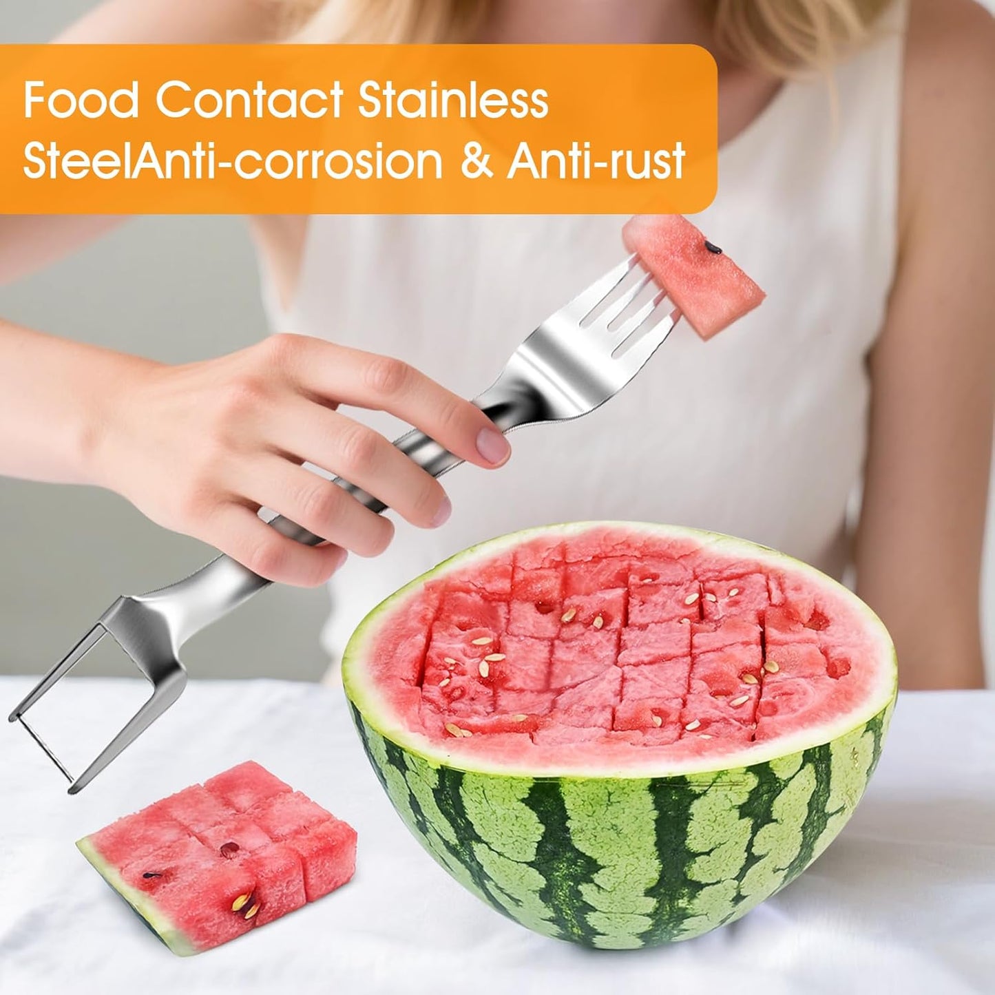 Watermelon Slicer, 2-in-1 Slicer & Fork, 1-Pack | 304 Stainless Steel, 10.2" Long, Cuts Cubes & Spears, for Watermelon & Mango, Picnic/Camping/RV, Dishwasher Safe