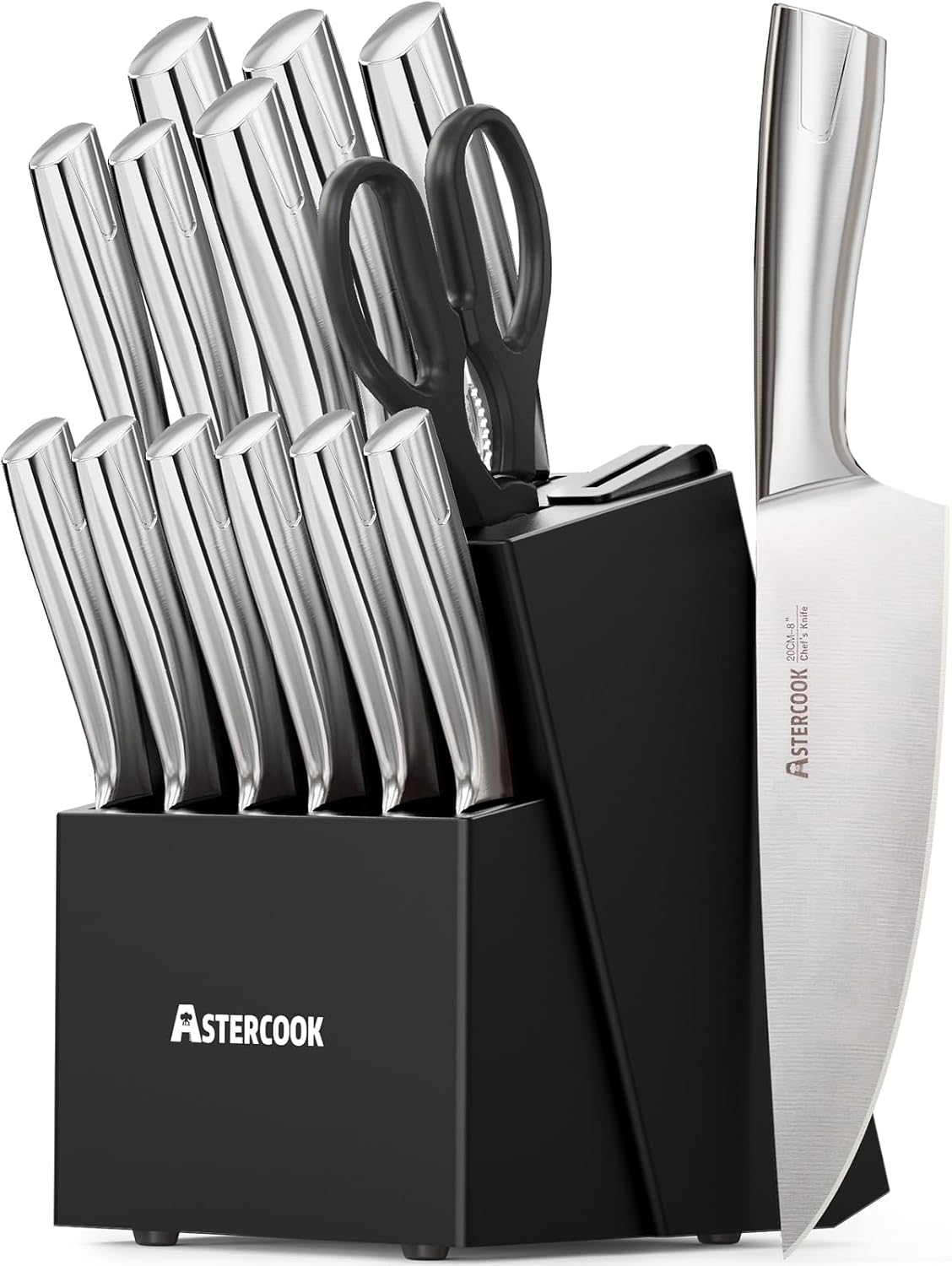 Knife Set, Kitchen Knives Set with Block and Sharpener Full Tang 15 Pcs Stainless Steel Knives, Dishwasher Safe Knife Set with Anti-slip Ergonomic Handle, Black, Fathers Day Gift for Men