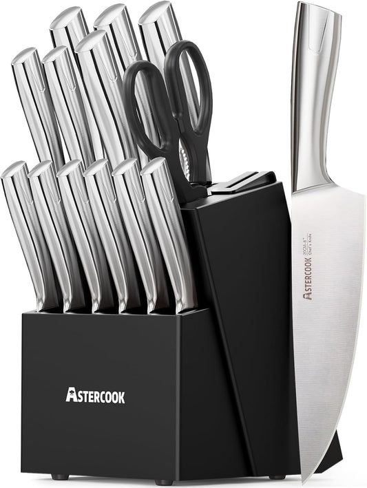 Knife Set, Kitchen Knives Set with Block and Sharpener Full Tang 15 Pcs Stainless Steel Knives, Dishwasher Safe Knife Set with Anti-slip Ergonomic Handle, Black, Fathers Day Gift for Men