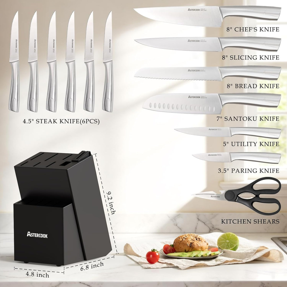 Knife Set, Kitchen Knives Set with Block and Sharpener Full Tang 15 Pcs Stainless Steel Knives, Dishwasher Safe Knife Set with Anti-slip Ergonomic Handle, Black, Fathers Day Gift for Men