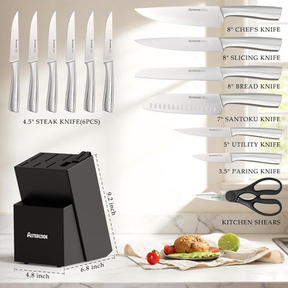 Knife Set, Kitchen Knives Set with Block and Sharpener Full Tang 15 Pcs Stainless Steel Knives, Dishwasher Safe Knife Set with Anti-slip Ergonomic Handle, Black, Fathers Day Gift for Men