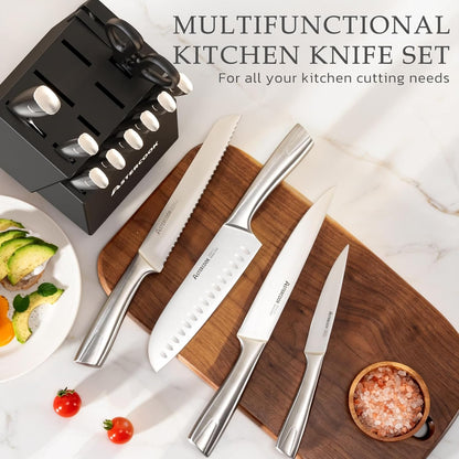 Knife Set, Kitchen Knives Set with Block and Sharpener Full Tang 15 Pcs Stainless Steel Knives, Dishwasher Safe Knife Set with Anti-slip Ergonomic Handle, Black, Fathers Day Gift for Men