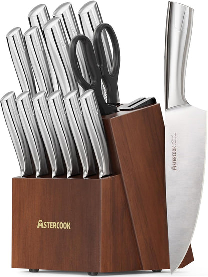 Knife Set, Kitchen Knives Set with Block and Sharpener Full Tang 15 Pcs Stainless Steel Knives, Dishwasher Safe Knife Set with Anti-slip Ergonomic Handle, Black, Fathers Day Gift for Men