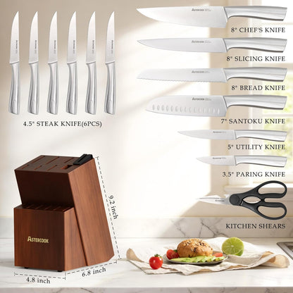 Knife Set, Kitchen Knives Set with Block and Sharpener Full Tang 15 Pcs Stainless Steel Knives, Dishwasher Safe Knife Set with Anti-slip Ergonomic Handle, Black, Fathers Day Gift for Men