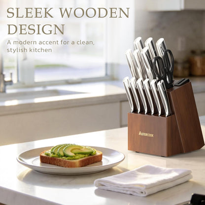 Knife Set, Kitchen Knives Set with Block and Sharpener Full Tang 15 Pcs Stainless Steel Knives, Dishwasher Safe Knife Set with Anti-slip Ergonomic Handle, Black, Fathers Day Gift for Men
