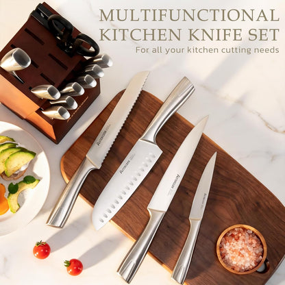 Knife Set, Kitchen Knives Set with Block and Sharpener Full Tang 15 Pcs Stainless Steel Knives, Dishwasher Safe Knife Set with Anti-slip Ergonomic Handle, Black, Fathers Day Gift for Men