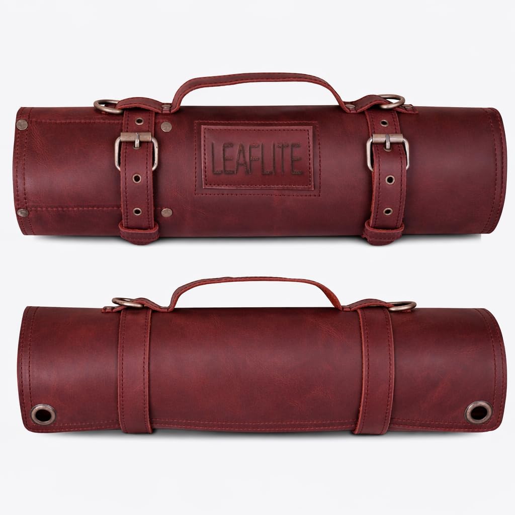 Leather Knife Roll Bag – Chef Knife Bag with 7 Pockets – Durable Crazy Horse Leather Knife Roll for Professional Chefs – Portable Knife Storage Case