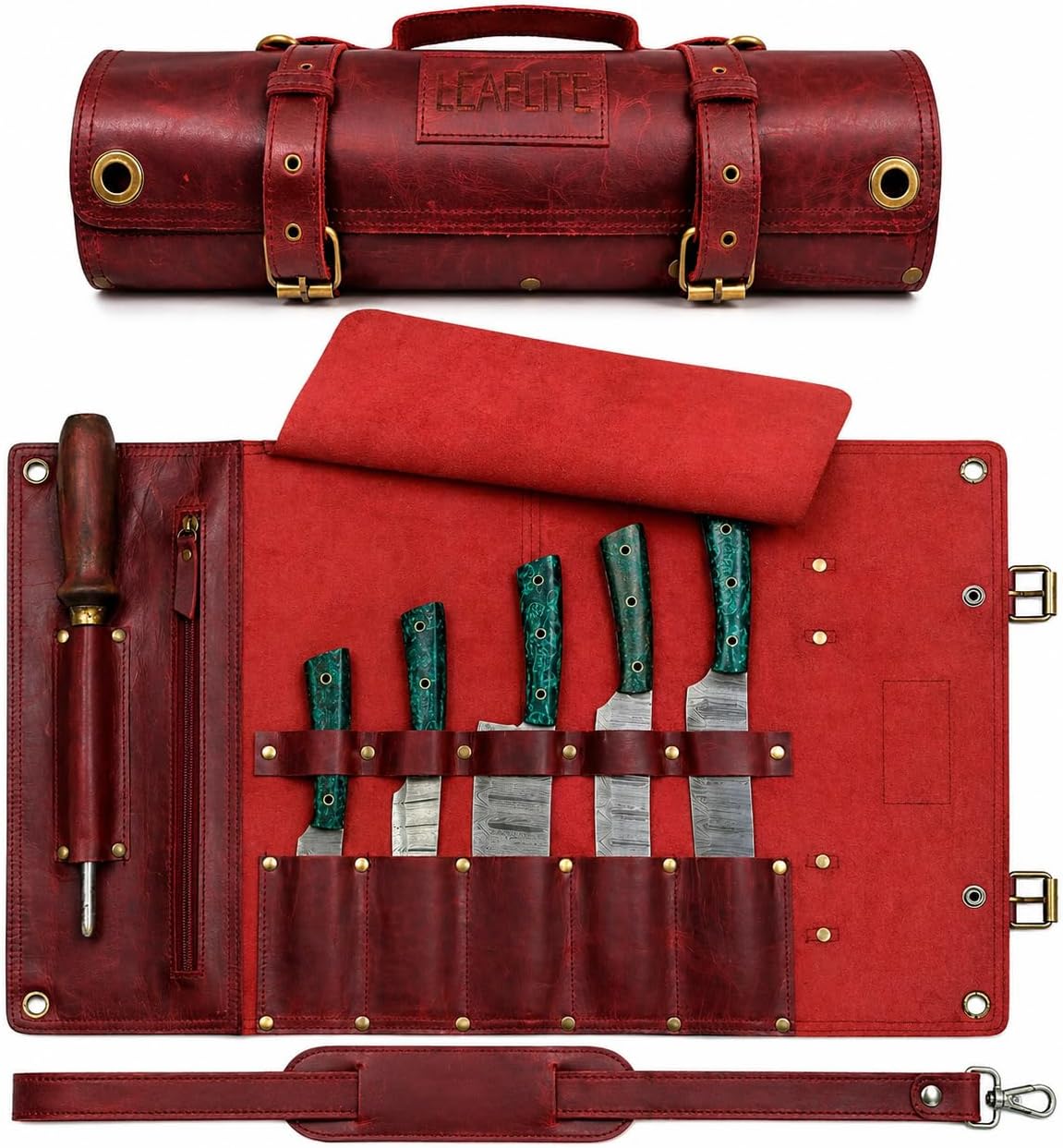 Leather Knife Roll Bag – Chef Knife Bag with 7 Pockets – Durable Crazy Horse Leather Knife Roll for Professional Chefs – Portable Knife Storage Case