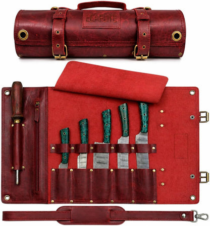 Leather Knife Roll Bag – Chef Knife Bag with 7 Pockets – Durable Crazy Horse Leather Knife Roll for Professional Chefs – Portable Knife Storage Case
