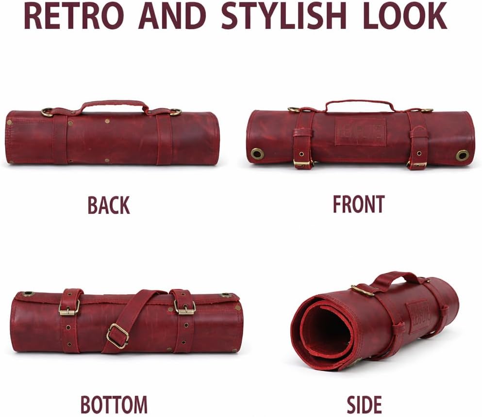Leather Knife Roll Bag – Chef Knife Bag with 7 Pockets – Durable Crazy Horse Leather Knife Roll for Professional Chefs – Portable Knife Storage Case