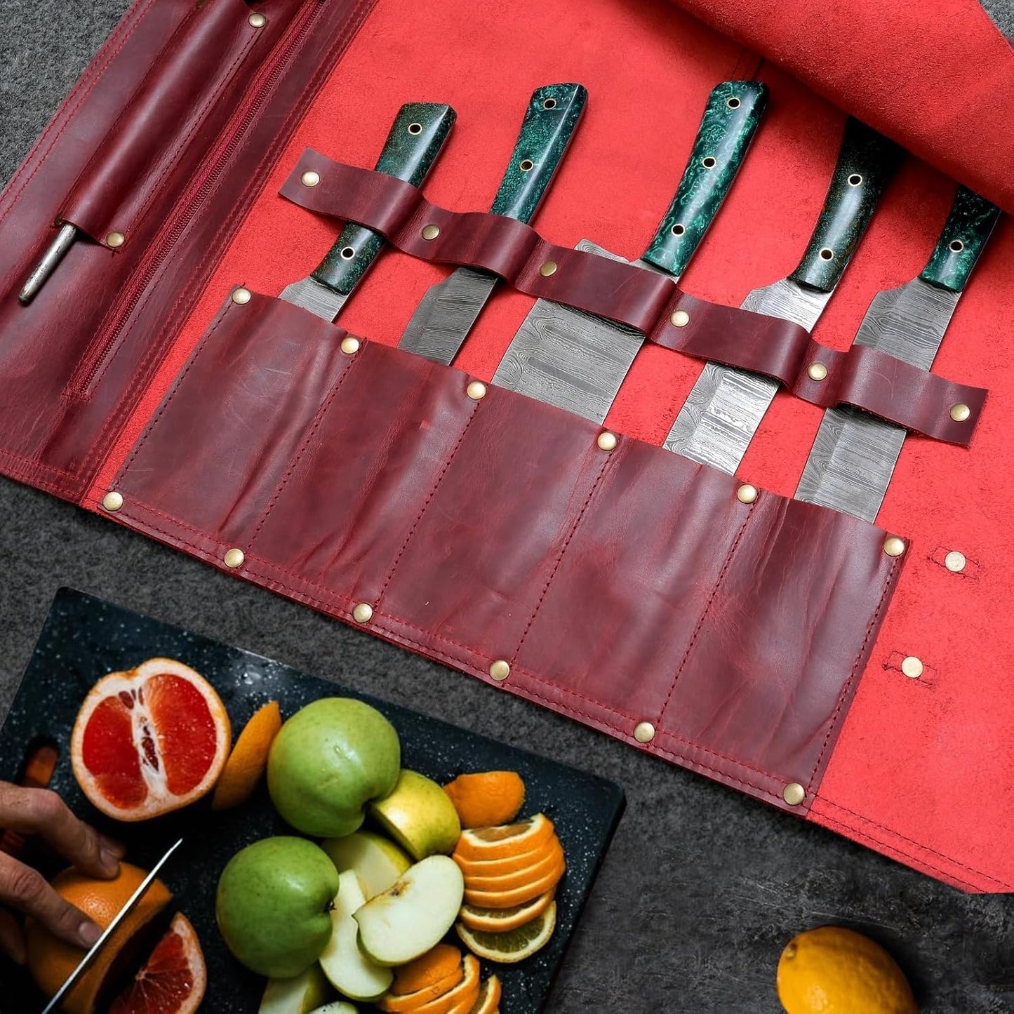 Leather Knife Roll Bag – Chef Knife Bag with 7 Pockets – Durable Crazy Horse Leather Knife Roll for Professional Chefs – Portable Knife Storage Case