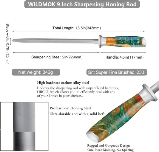 Sharpening Steel Rod, 9 Inch Kitchen Knife Sharpening Rod,Professional Honing Steel,High Carbon Stainless Steel Knife Sharpener
